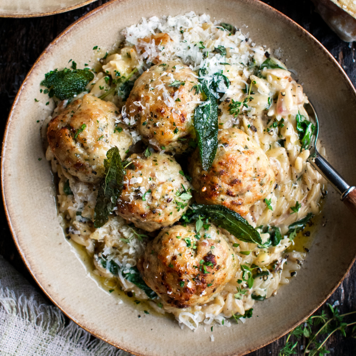 Sage Chicken Meatballs & Parmesan Risotto